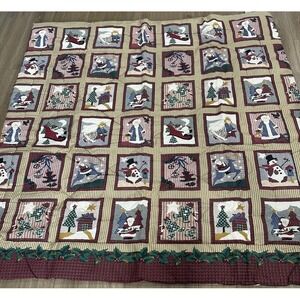 Vintage Christmas Queen Bedspread‎ Santa Claus, Christmas Trees, Snowman NEW